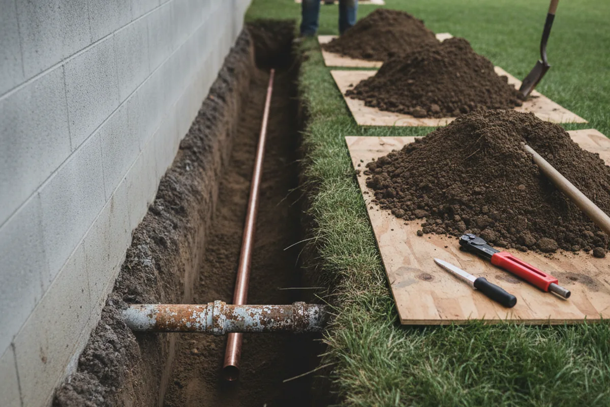 Excavated water line trench during Water Softener Installation in Coker